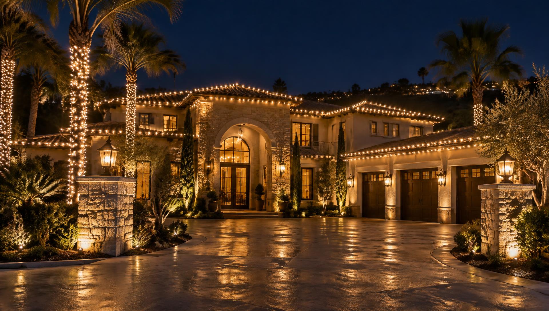 Southern California estate at night outlined with warm white Christmas lights and wrapped palms