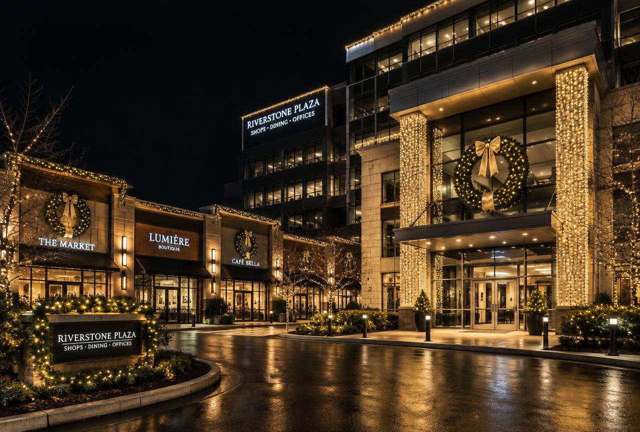 Commercial property decorated with Christmas lights and a wreath