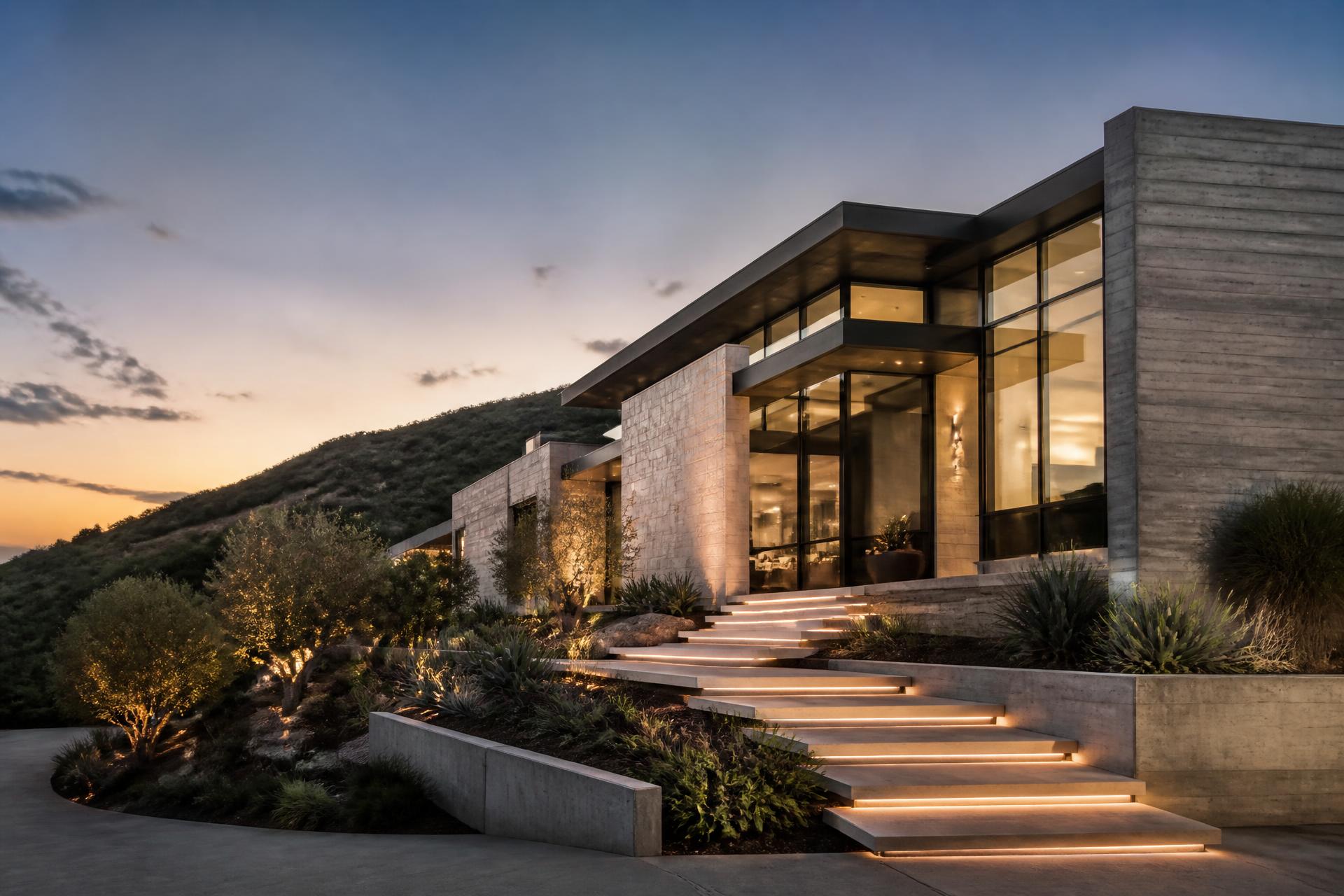Modern luxury California hillside home at dusk
