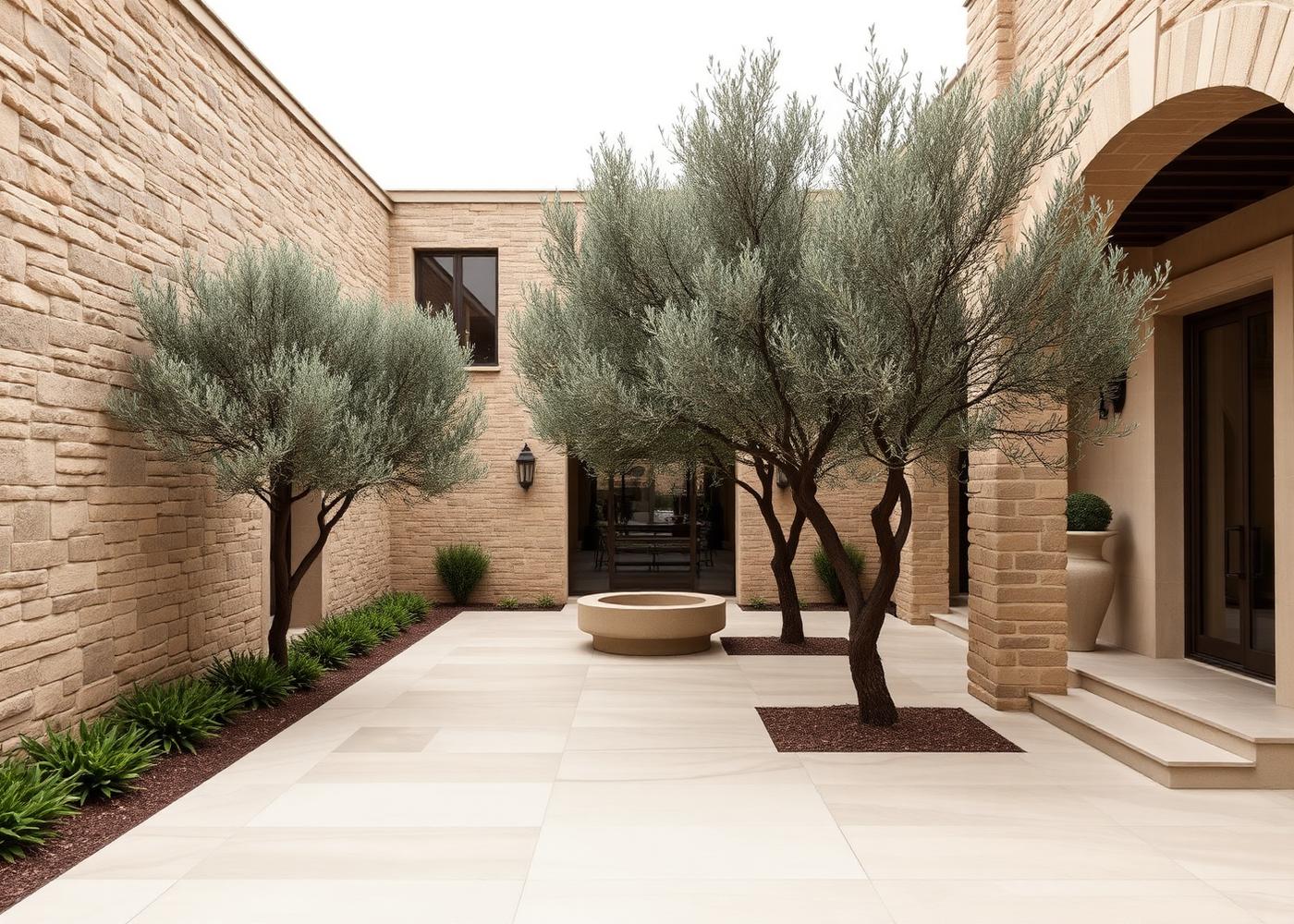 Stone courtyard of an upscale property with olive trees